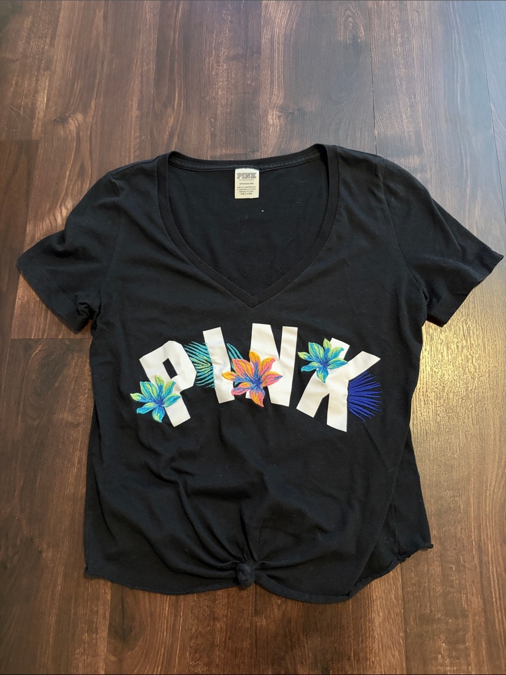 PINK Victoria's Secret Black V-Neck Logo Tee with Tropical Floral Accents